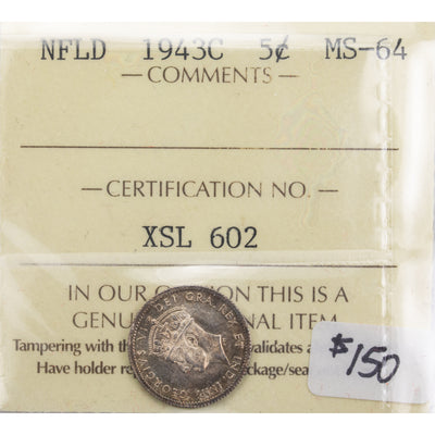 Newfoundland 1943c 5 Cents Silver Coin - ICCS MS-64