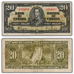SOLD $20 1937 Bank of Canada Note Coyne-Towers K/E Prefix BC-25c - Writing