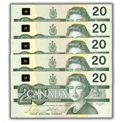 SOLD $20 1991 Bank of Canada Notes EVR Prefix BC-58b - 5 Consecutive Ch UNC