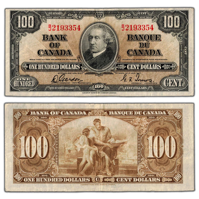 SOLD $100 1937 Bank of Canada Note Gordon-Towers B/J Prefix BC-27b - VF