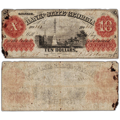 United States 1860's $10 Bank of the State of Georgia Note - Damaged