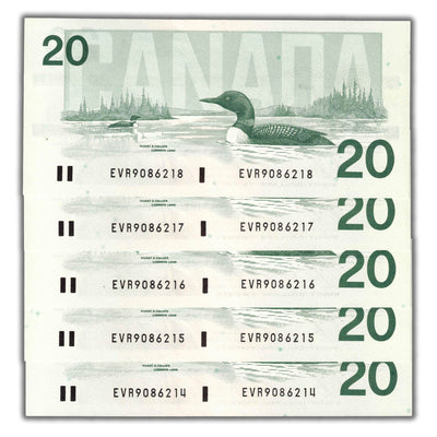 SOLD $20 1991 Bank of Canada Notes EVR Prefix BC-58b - 5 Consecutive Ch UNC