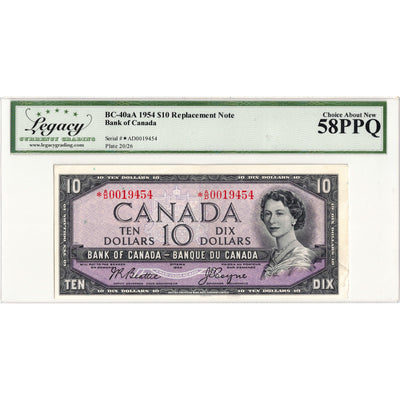 $10 1954 Bank of Canada Note *A/D Replacement Prefix BC-40aA - Legacy AU-58 PPQ
