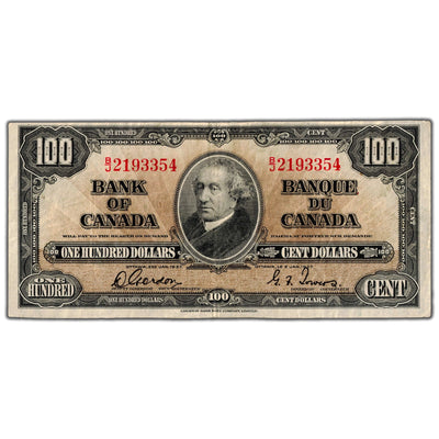 SOLD $100 1937 Bank of Canada Note Gordon-Towers B/J Prefix BC-27b - VF