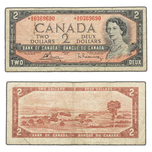 SOLD $2 1954 Bank of Canada Note *A/G Replacement Prefix Below 0.4M BC-38cA