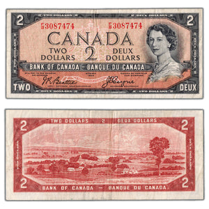SOLD $2 1954 Bank of Canada Note Devil Face F/B Prefix BC-30b - F/VF