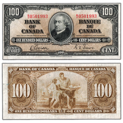 SOLD $100 1937 Bank of Canada Note Gordon-Towers B/J Prefix BC-27b - Trimmed/Cleaned