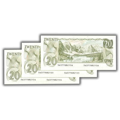 SOLD $20 1979 Bank of Canada Note Crow-Bouey BC-54b-i - 3 Consecutive Ch UNC