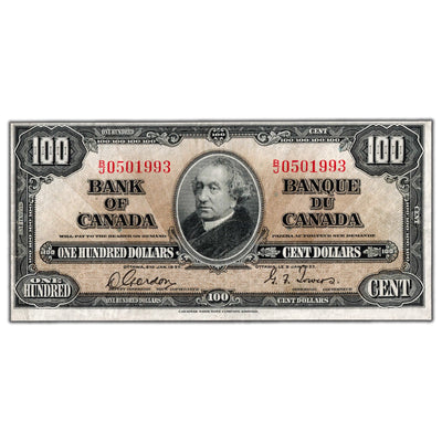 SOLD $100 1937 Bank of Canada Note Gordon-Towers B/J Prefix BC-27b - Trimmed/Cleaned