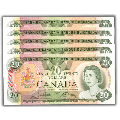 SOLD $20 1979 Bank of Canada Notes Crow-Bouey BC-54b-i - 5 Consecutive Ch UNC