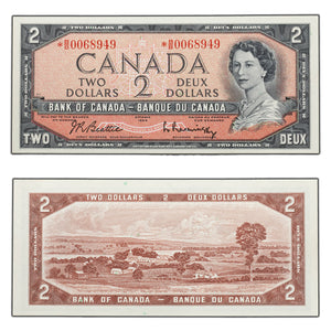 SOLD $2 1954 Bank of Canada Note *B/B Replacement Prefix BC-38bA - AU/UNC