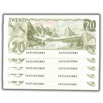 SOLD $20 1979 Bank of Canada Notes Crow-Bouey BC-54b-i - 5 Consecutive Ch UNC