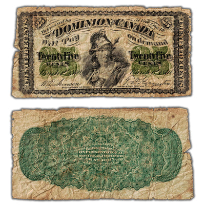 25 Cents 1870 Dominion of Canada Shinplaster Note Plain DC-1c - Circulated