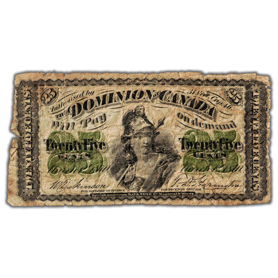 25 Cents 1870 Dominion of Canada Shinplaster Note Plain DC-1c - Circulated