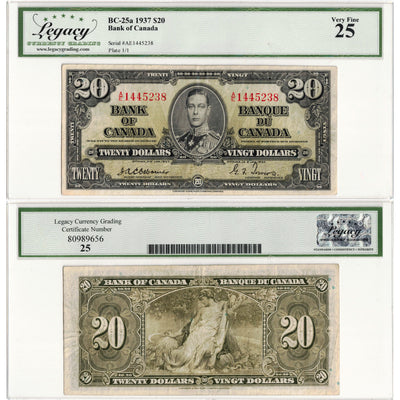 $20 1937 Bank of Canada Note Osborne Signature A/E Prefix BC-25a - Legacy VF-25