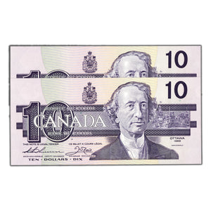 SOLD $10 1989 Bank of Canada Notes BDG Prefix BC-57a - 2 Consecutive Ch UNC