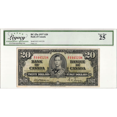 $20 1937 Bank of Canada Note Osborne Signature A/E Prefix BC-25a - Legacy VF-25