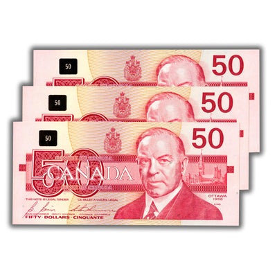 SOLD $50 1988 Bank of Canada Note FHR Prefix BC-59b - 3 Consecutive Ch UNC