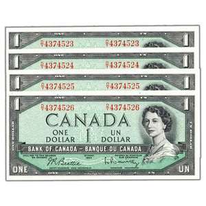 SOLD $1 1954 Bank of Canada Notes D/Y Prefix BC-37b - 4 Consecutive UNC