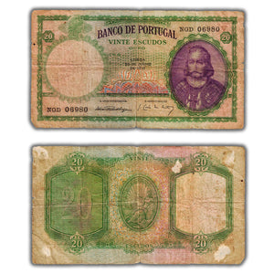SOLD Portugal 1951 20 Escudos Note P #153a - Previously Mounted Damaged