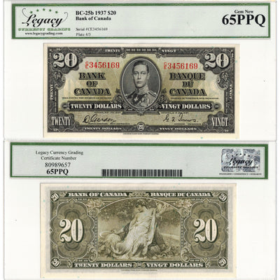 $20 1937 Bank of Canada Note Gordon-Towers C/E Prefix BC-25b - Legacy Gem UNC-65 PPQ