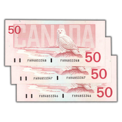 SOLD $50 1988 Bank of Canada Note FHR Prefix BC-59b - 3 Consecutive Ch UNC