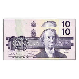 SOLD $10 1989 Bank of Canada Notes BDG Prefix BC-57a - 2 Consecutive Ch UNC