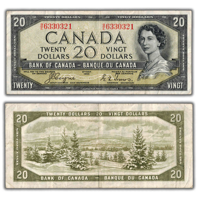 $20 1954 Bank of Canada Note Devil Face B/E Changeover Prefix BC-33a - F/VF