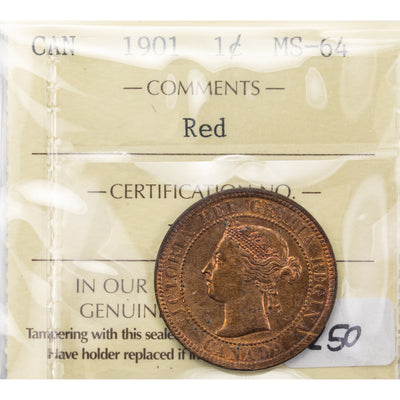 SOLD Canada 1901 1 Large Cent Coin - ICCS MS-64 Red