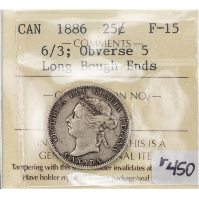 SOLD Canada 1886 6/3 Obv 5 LBE 25 Cents Quarter Silver Coin - ICCS F-15