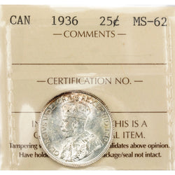 Canada 1936 25 Cents Quarter Silver Coin - ICCS MS-62
