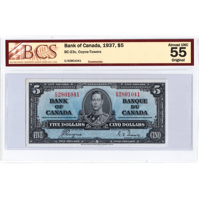 SOLD $5 1937 Bank of Canada Note Coyne-Towers C/S Prefix BC-23c - BCS AU-55