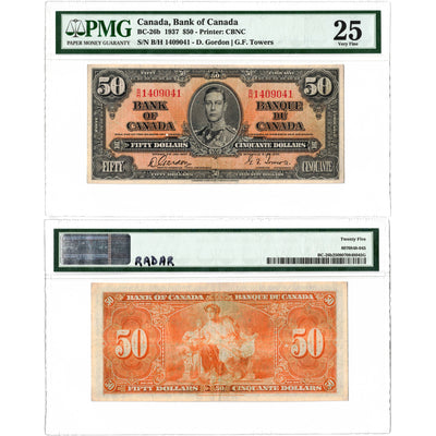 $50 1937 Bank of Canada Note Radar Serial 1409041 BC-25c - PMG VF-25