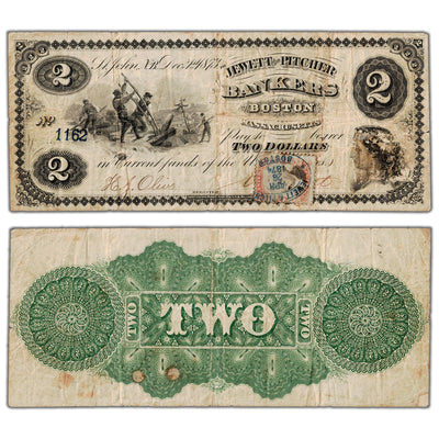 Jewett & Pitcher Bankers 1873 $2 Scrip Note NB #15-10-04 - F/VF with Stamp