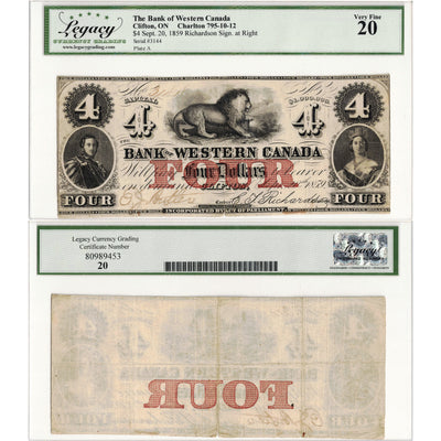 $4 1859 Bank of Western Canada Chartered Note #795-10-12 - Legacy VF-20