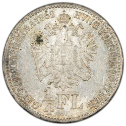 Austria 1862 B 1/4 Florin Silver Coin