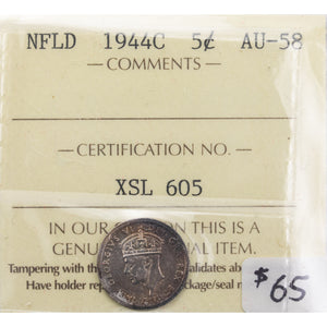 SOLD Newfoundland 1944c 5 Cents Silver Coin - ICCS AU-58
