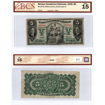 $5 1935 Banque Canadienne Nationale Canada Chartered Note #85-14-02 - BCS F-15