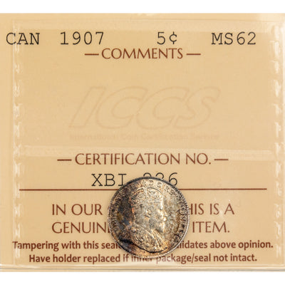 Canada 1907 5 Cents Silver Coin - ICCS MS-62