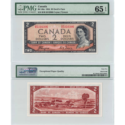 SOLD $2 1954 Bank of Canada Note Devil Face B/B Prefix BC-30a - PMG Gem UNC-65 EPQ