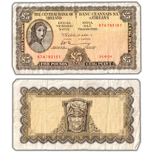 SOLD Ireland 1974 5 Five Pounds Note P #65c - Edge Tears