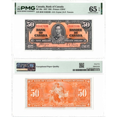 $50 1937 Bank of Canada Note Coyne-Towers B/H Prefix BC-26c - PMG Gem UNC-65 EPQ