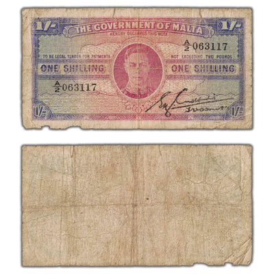 SOLD Malta ND (1943) 1 One Shilling Note P #16 - Damaged