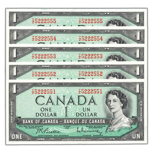 SOLD $1 1954 Bank of Canada Notes T/Z Prefix BC-37b-i - 5 Consecutive Choice Uncirculated