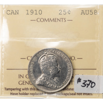 SOLD Canada 1910 25 Cents Quarter Silver Coin - ICCS AU-58
