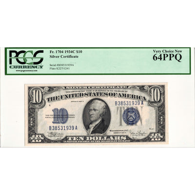 SOLD United States 1934 $10 Silver Certificate Note Fr. 1704 - PCGS Ch UNC-64 PPQ
