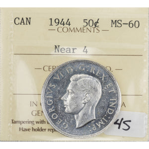 SOLD Canada 1944 Near 4 50 Cents Half Dollar Silver Coin - ICCS MS-60