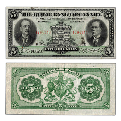 SOLD $5 1913 Royal Bank of Canada Chartered Note CH #630-12-04 - Pinholes/Tear