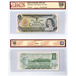 $1 1973 Bank of Canada Note OF Prefix Solid Serial 2222222 BC-46a - BCS AU-58