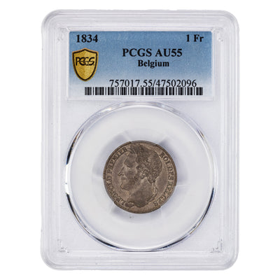 Belgium 1834 1 One Franc Silver Coin - PCGS AU-55